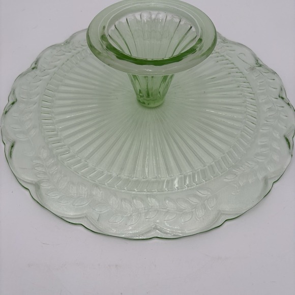 Green Glass Cake Stand Art Deco Depression Era Serving Plate 12" - Picture 7 of 8